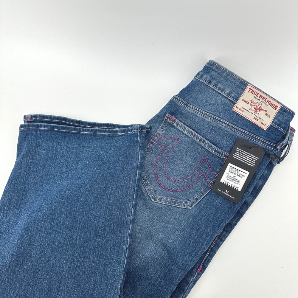 $164 NWT True Religion Women's W30 Bobbi Low Baggy Medium Wash Jeans Pink Stitch